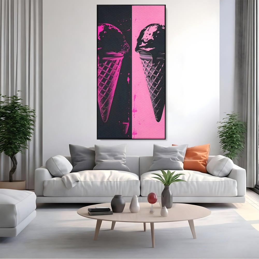 Tablou canvas cu tablou canvas cu doua inghetate pe bat impartit vertical, in rama de aluminiu negru, pe perete intr-un living